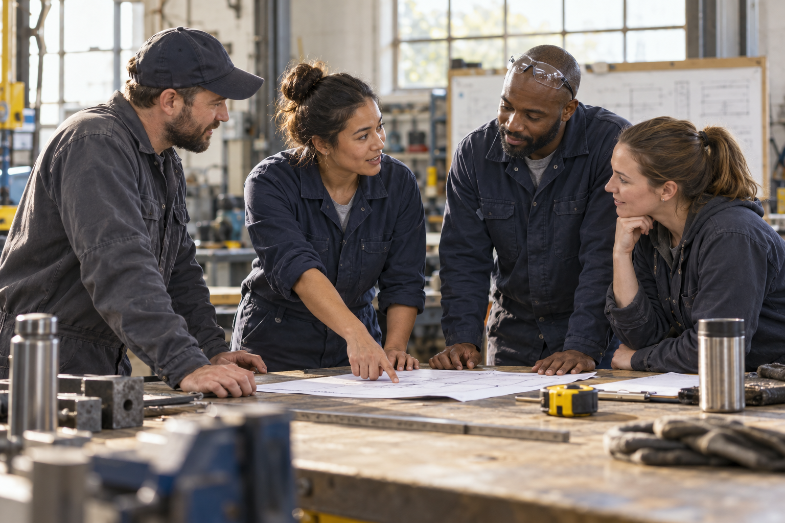 A small workshop team discussing a work plan together at a workbench
